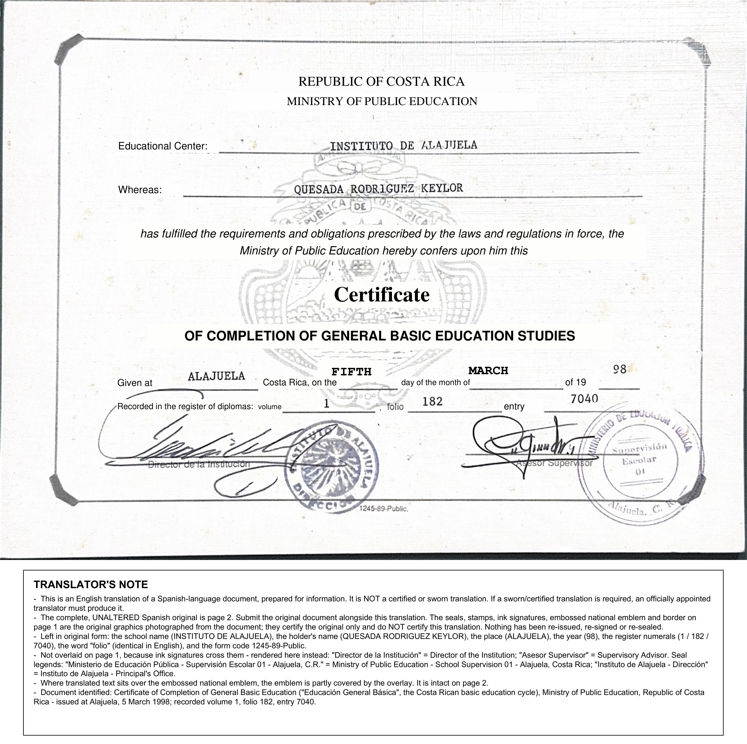 Page 1 — English translation with translator's note